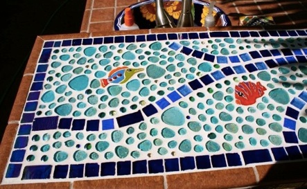 Ceramic tiles and fish for pool side bar cabana by Sherry Tolar
